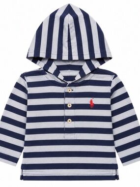 Polo by Ralph Lauren Boys Navy and White Striped Hooded Shirt - 3 months